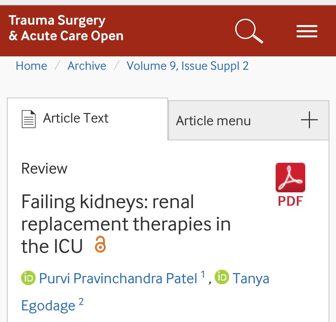 @docmartin22 @pppatelmd @TCCACS @TopKniFe_B @DrTanyaEgodage @elliotthaut See full paper- “Failing kidneys: renal replacement therapies in the ICU” from Mattox meeting #TCCACS24 #TCCACS2024 tsaco.bmj.com/content/9/Supp…