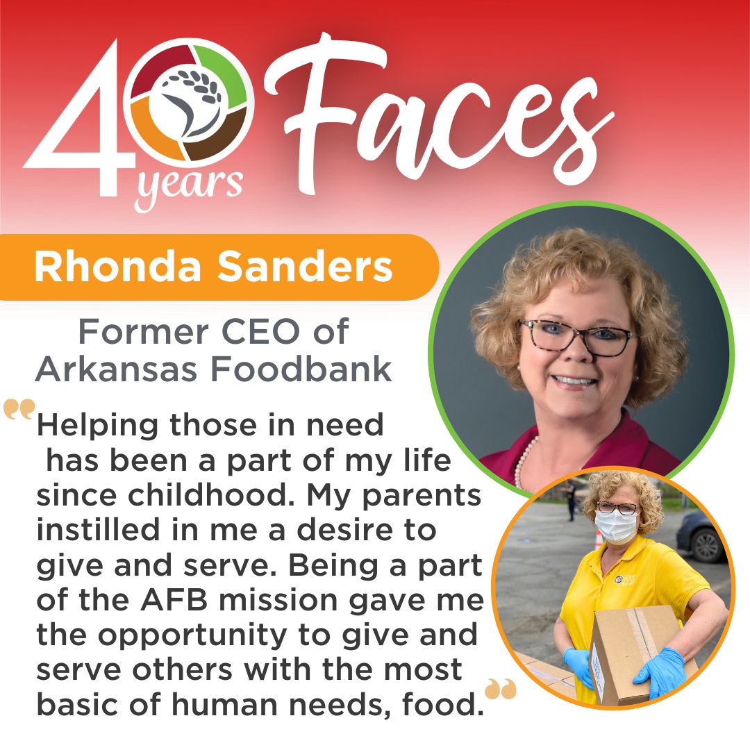 Our next 40 Faces of the Arkansas Foodbank is Rhonda Sanders! Rhonda Sanders dedicated nearly a decade to leading the Arkansas Foodbank as its Chief Executive Officer. Thank you, Rhonda, for your enduring dedication to serving those in need.