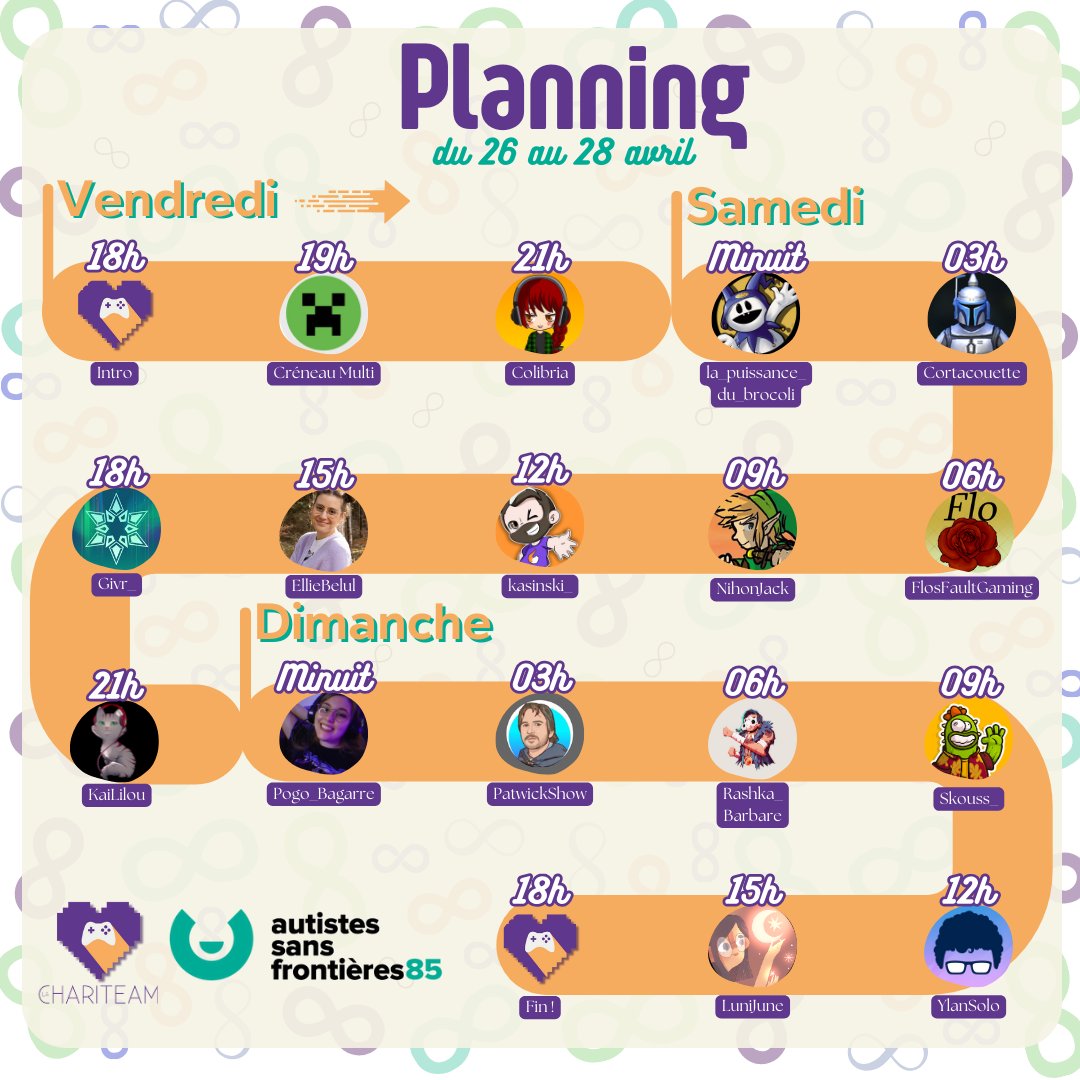 LaChariTeam's tweet photo. Après l'annonce des participants-es voici le tant attendu planning ! 🔥

48h de live caritatif pour Autistes Sans Frontières 85, serez-vous présents-es ? 🤔 https://t.co/d37s2JWOib