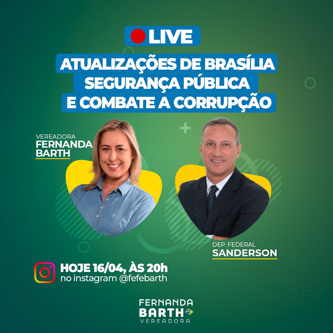 É hoje, a partir das 20h, temos um encontro na Live com o Deputado Federal Sanderson pelo Instagram. Acompanhe no perfil instagram.com/fefebarth. Te espero!