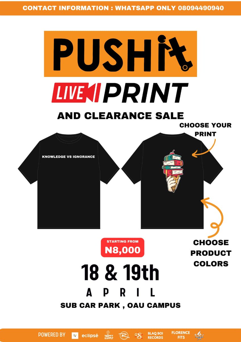 PUSHIT Live Prints👕👖 & Biggest Tradefair🔥 happening on 18th & 19th of April! Save the Date!💯🔥 
.........
Follow: @Pushit_ng @Raggamuffin.8olts @trippyonbig @squad.wears For more information