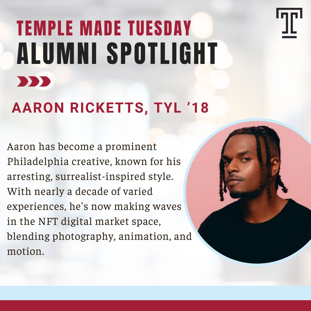 Aaron has become a prominent Philadelphia creative, with nearly a decade of experience he's now making waves in the NFT digital market space, blending photography, animation, and motion. Submit your story or #TempleMade photo for a chance to be featured: bit.ly/3SrtFmb?