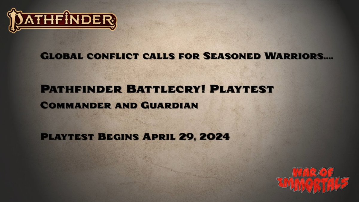 Whuuuuuuuh?!? Big announcement on Paizo Live. Surprise! EARLIER THAN EXPECTED #pathfinder2e CLASS PLAYTEST!

Normally they announce these at Gencon but in 2 weeks we get the playtest for Commander and Guardian.