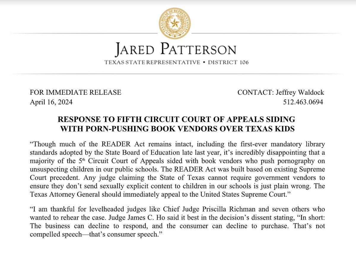 RESPONSE TO FIFTH CIRCUIT COURT OF APPEALS SIDING WITH PORN-PUSHING BOOK VENDORS OVER TEXAS KIDS #txlege