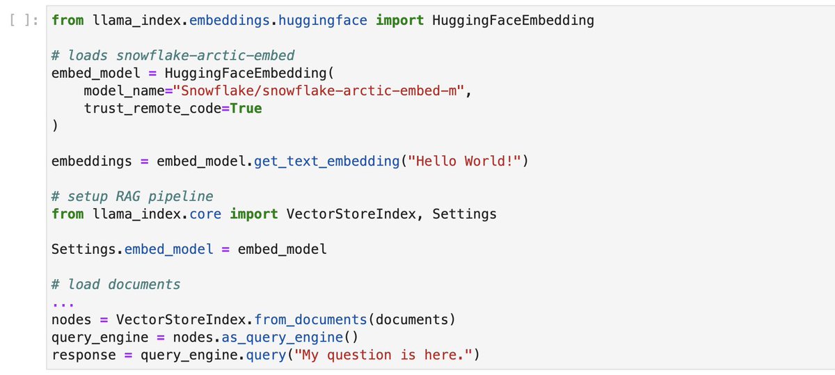 We have out-of-the-box support in @llama_index for Snowflake SOTA arctic-embed models - it's a one-liner through our @huggingface integration! And in ~4 more lines of code, you can build a RAG indexing pipeline over your data with these embedding models. Check out the