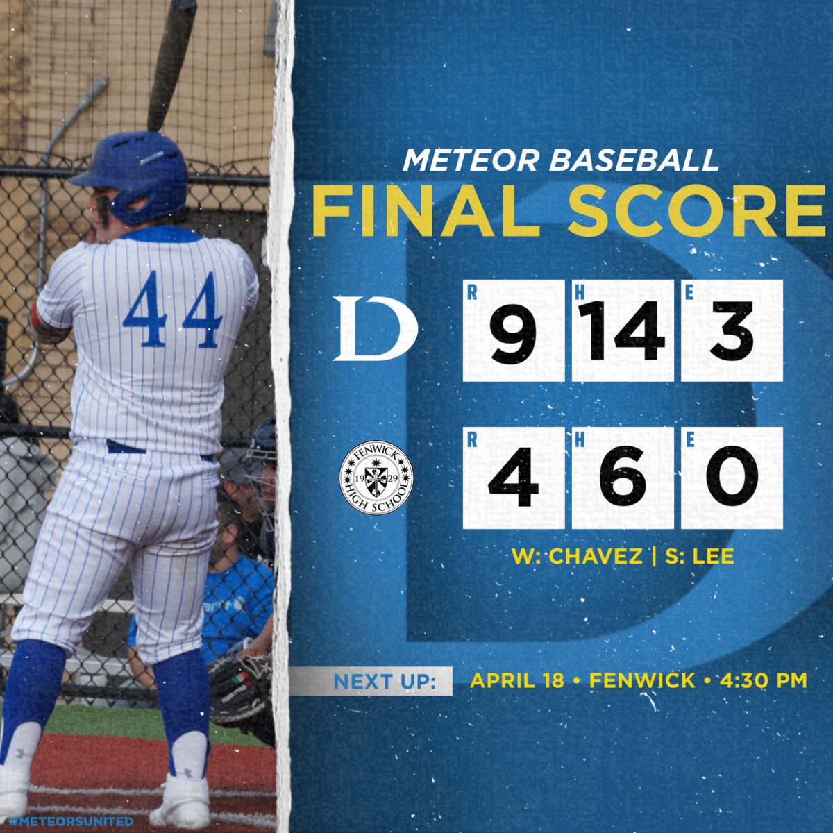 The Meteors take down Fenwick! 

Dasaan Lee had 3 hits including 2 doubles. Kaleb Navarro had 2 hits, a HR, a double while collecting 5 RBI’s. Angel Castro added 2 RBI’s. 

Jaime Chavez picked up the win on the mound going 5 innings only allowing 2 earned
