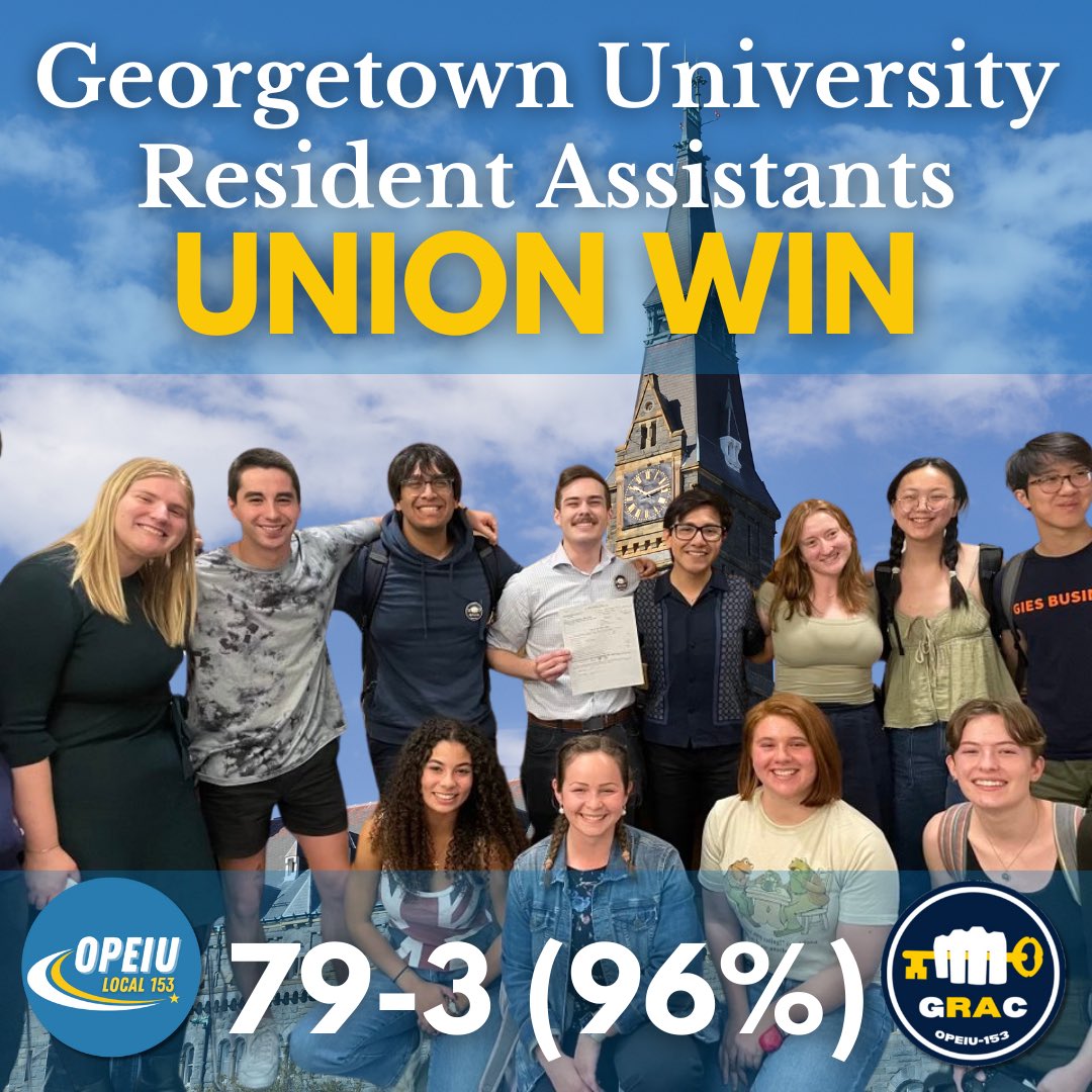 BREAKING: The RAs at @georgetownuniversity have WON THEIR UNION!! 96% of RAs voted UNION YES!! 💪