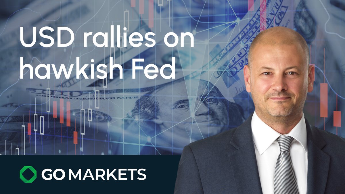 📈 𝗨𝗦𝗗 𝗿𝗮𝗹𝗹𝗶𝗲𝘀 𝗼𝗻 𝗵𝗮𝘄𝗸𝗶𝘀𝗵 𝗙𝗲𝗱 The US dollar Index hits a 2024 high after hawkish Fed Chair Powell commentary where he noted recent data was showing a lack of progress on inflation. 📺Watch our latest video >> youtu.be/pWqqdIKxrMg #USDJPY #GOMarkets
