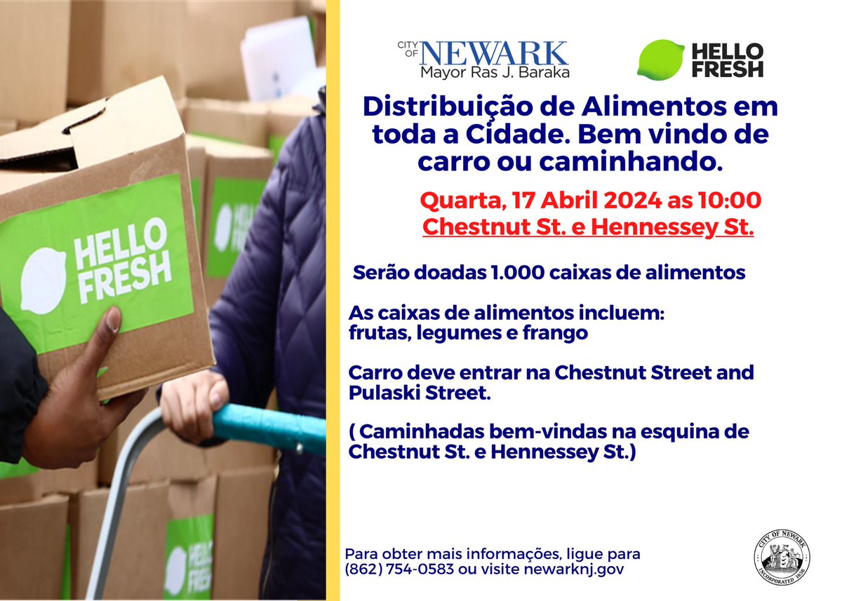 Citywide Drive Up & Go Food Distribution April 17, 2024 at 10:00 a.m. Cars must enter at Chestnut St. and Pulaski St. Walkups welcome at the corner of Chestnut St. and Hennessey St. 1,000 boxes of food will be given away including fruits, vegetables, chicken