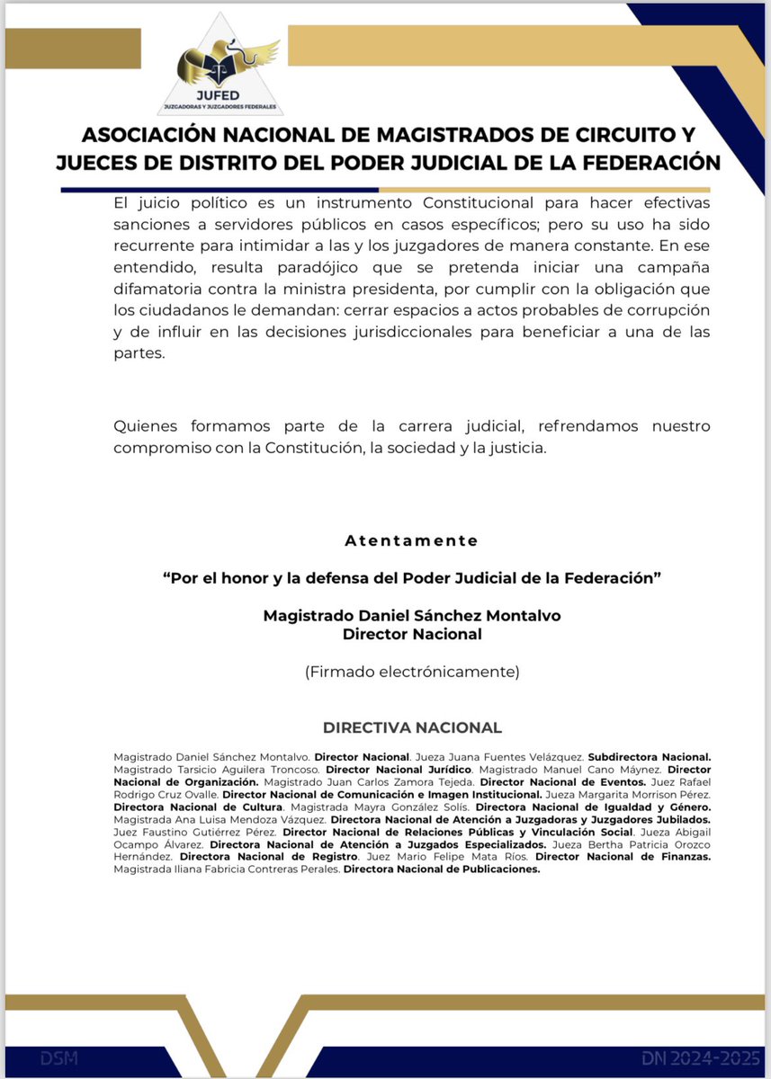 COMUNICADO. JUFED hace pública la preocupación por la campaña difamatoria contra la Ministra Presidenta por cumplir con la obligación que los ciudadanos demandan: cerrar espacios a actos problables de corrupción y de influir en las decisiones judiciales. #IndependenciaJudicial 🇲🇽