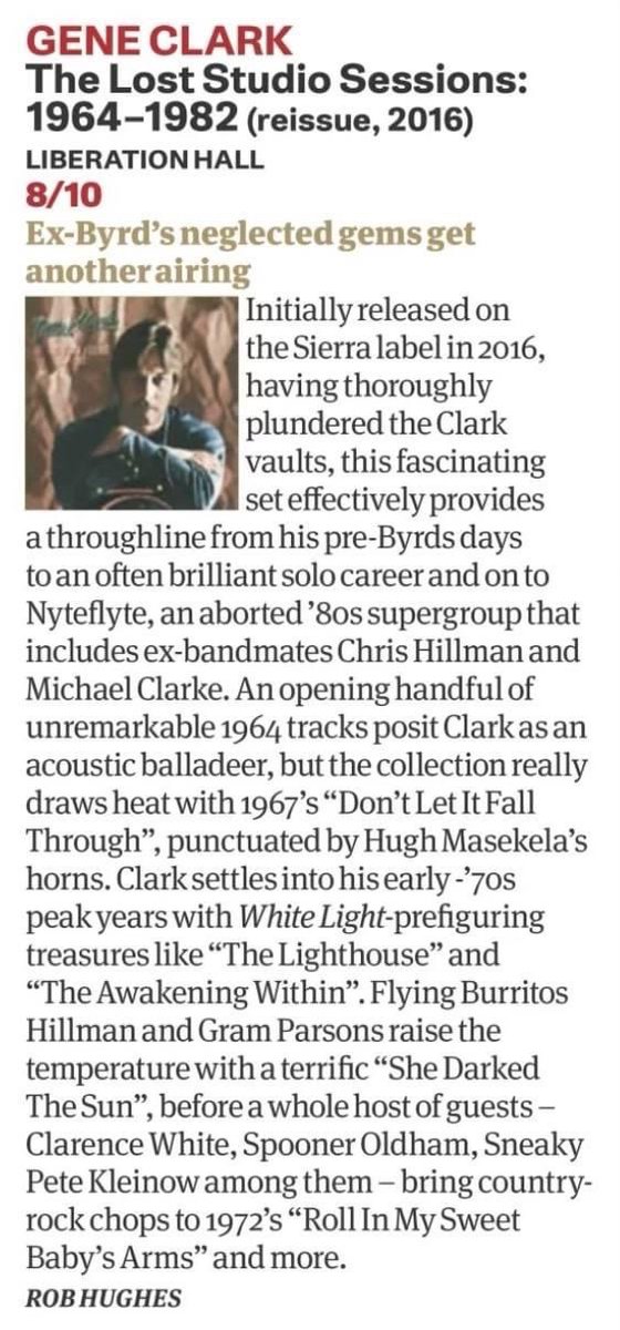 .@uncutmagazine 8/10 rating for Gene  Clark - The Lost Studio Sessions 1964-1982.
#RecordStoreDay