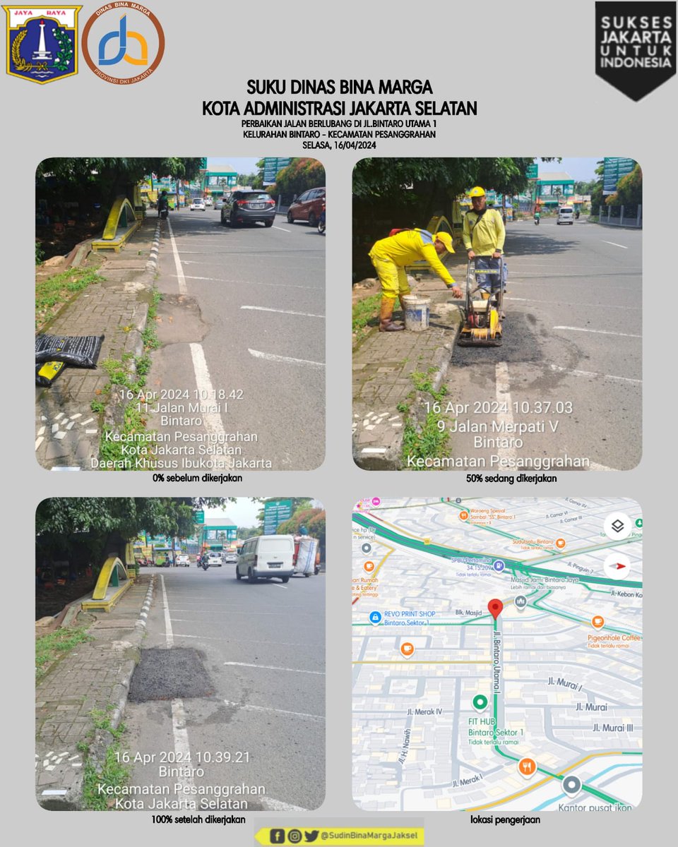 YELLOW SQUAD 👷 Kegiatan Perbaikan Jalan dengan Coldmix di Jl. Bintaro Utama 1 oleh PJLP Lapangan Kecamatan Pesanggrahan
Selasa, 16 April 2024

#HeruBudiHartono
#JokoAgusSetyono
#HeruSuwondo
#BinaMargaDKI
#SuksesJakartaUntukIndonesia #PasukanKuning

#BeritaJakarta #InfoJakarta