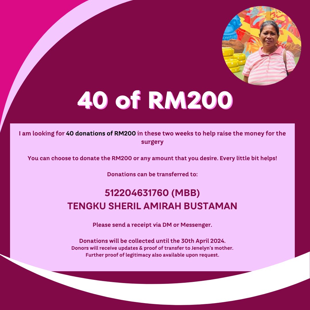 My domestic worker Jenelyn's mother has been diagnosed with breast cancer & the family cannot afford the RM8,000 for the mastectomy. Jenny is the sole breadwinner supporting her parents, husband & two growing sons. Donate or RT to (literally) save a life!