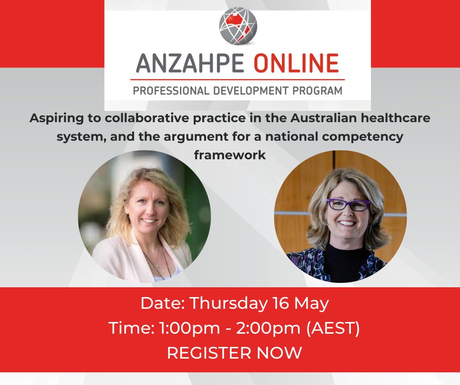 HAVE YOU REGISTERED for our upcoming PD ONLINE Session: 'Aspiring to collaborative practice in the Australian healthcare system, and the argument for a national competency framework' with Sarah Meiklejohn & Margo Brewer, Thurs May 16 at 1pm. Register here: anzahpe.org/event-5591857