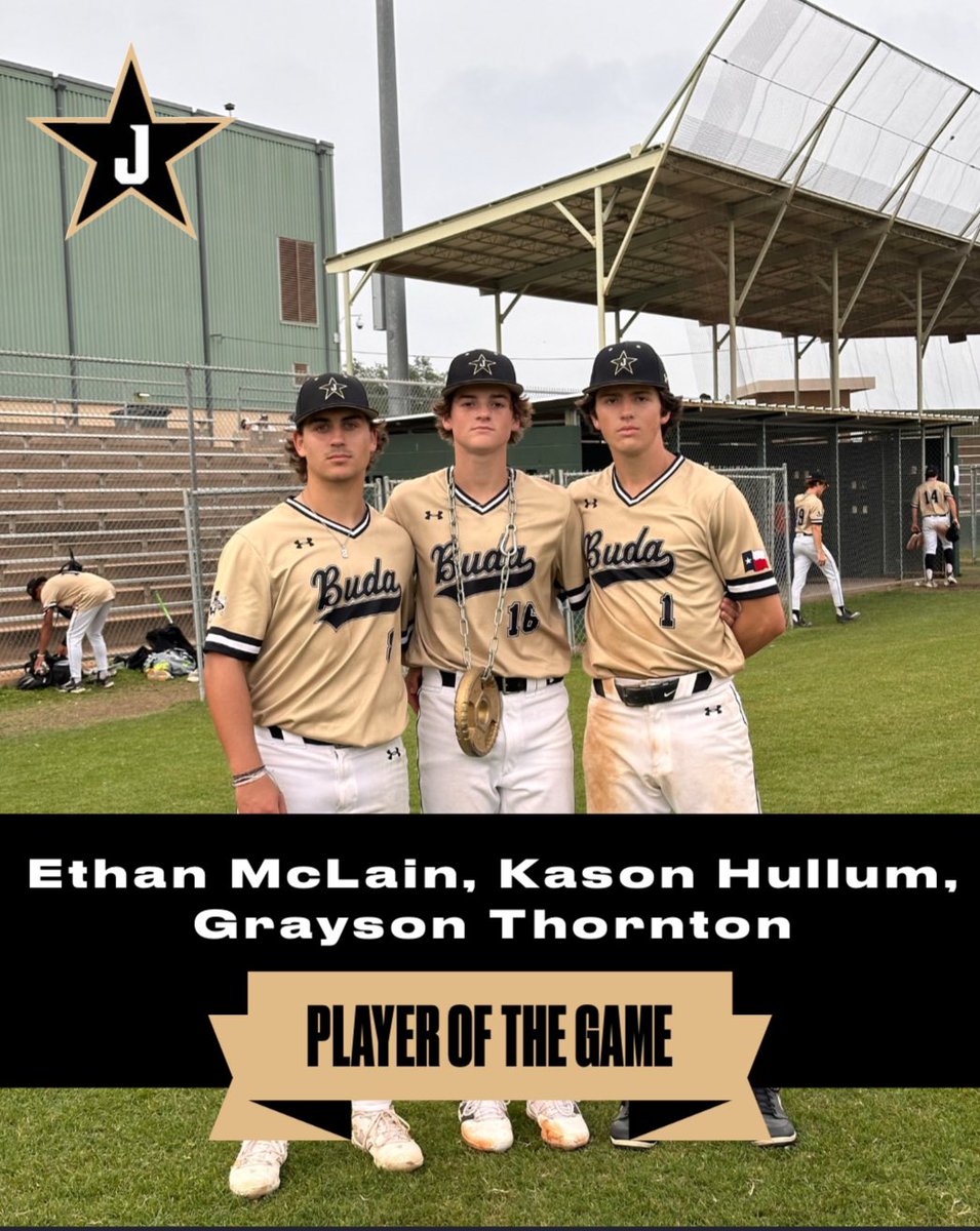 Congratulations to Ethan McLain, Kason Hullum, and Grayson Thornton on being our Players of the Game against Akins! Ethan went 1-3 with a homerun. Kason threw 5 innings, 3 hits, no runs, and 6 strikeouts. Grayson went 2-2 with 1 RBI and 1 scored run! ⚾️🐆 #BudaBoys #GoJags