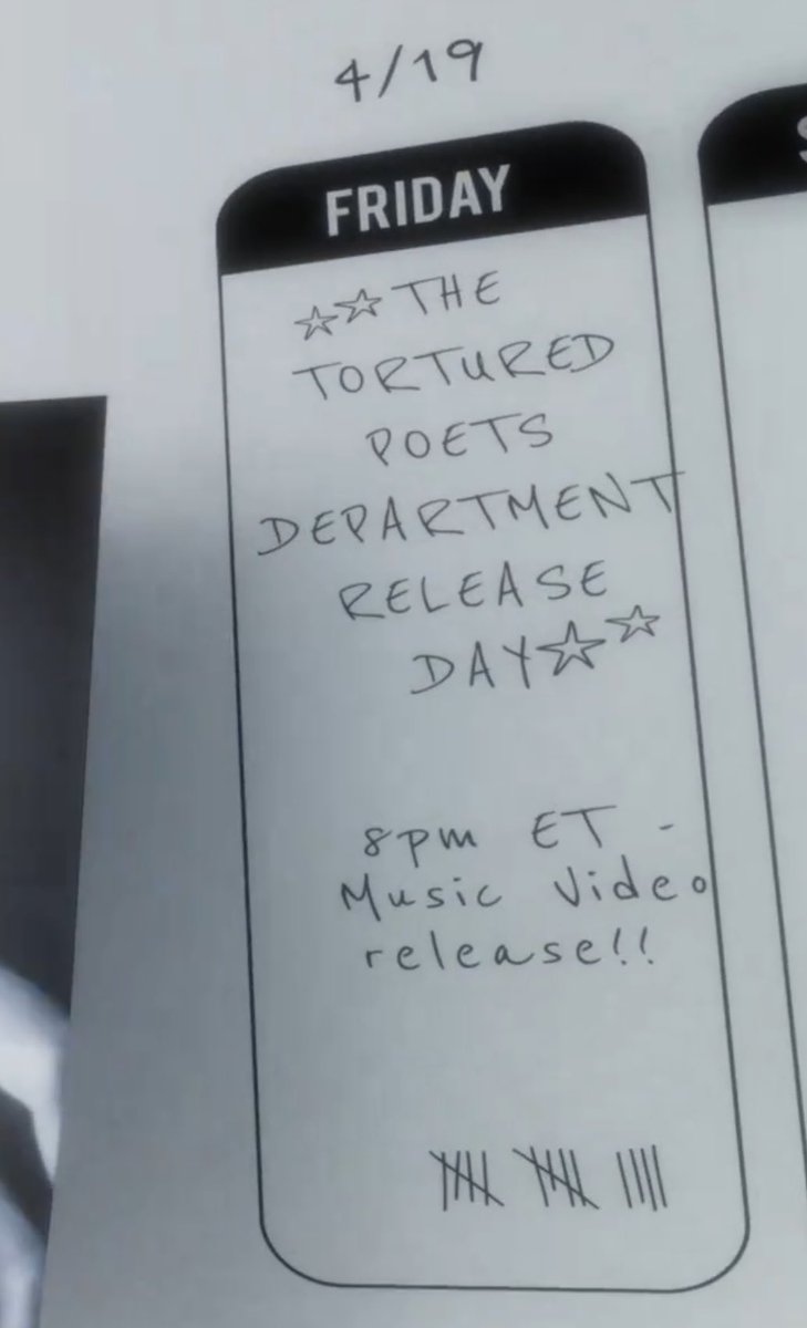 Taylor reveals the official #TSTTPD MUSIC VIDEO for its lead single will premiere on Friday, April 19th at 8pm ET!

She includes tally marks adding up to 14 to indicate the lead single will be the 14rh track “The Smallest Man Who Ever Lived” 🤍