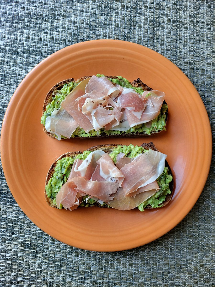 Lunch was avocado toast topped with prosciutto. The bread I used was from Red Bird Bakery. 😊 #toast