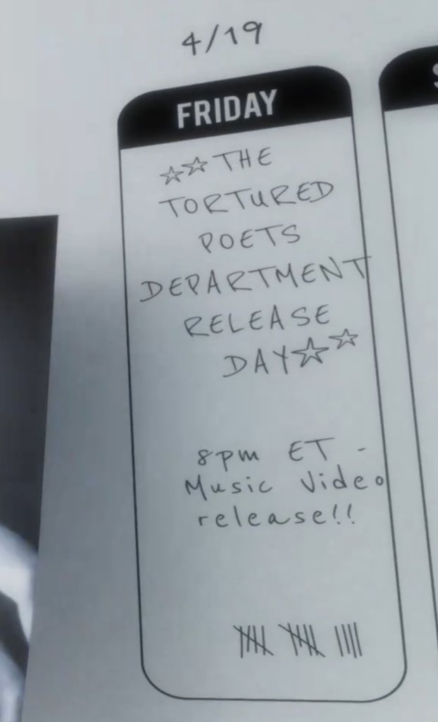 SwiftNYC's tweet photo. Taylor reveals the official #TSTTPD  MUSIC VIDEO for its lead single will premiere on Friday, April 19th at 8pm ET!

She includes tally marks adding up to 14 which COULD INDICATE the lead single being 14th track “The Smallest Man Who Ever Lived” OR two weeks (14 days) so ‘Fortnight’ ft. Post Malone