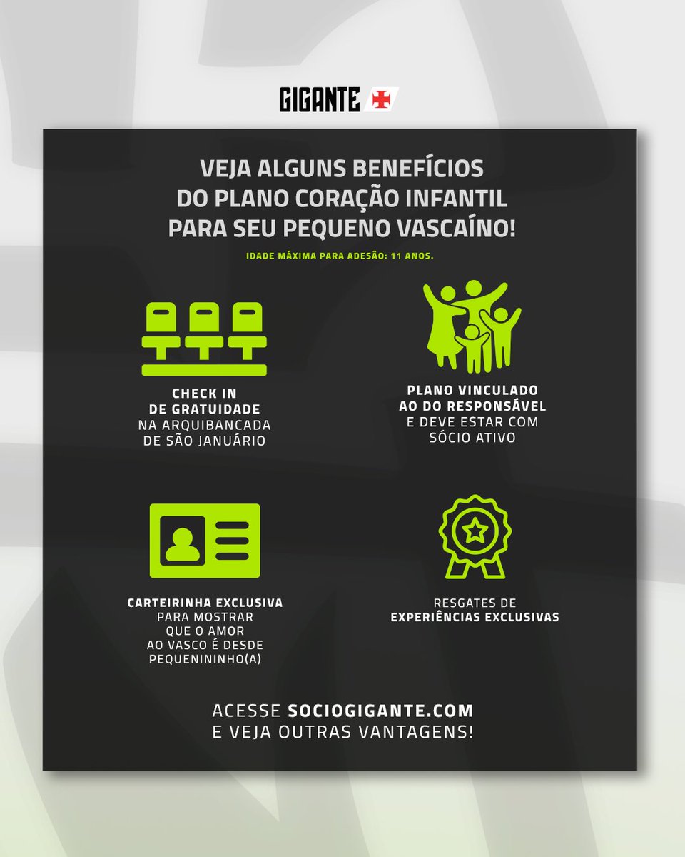 Exclusivo para os pequenos vascaínos que fazem do Vasco um Gigante imortal 🥰💢 ☑️ Check-in de gratuidade na arquibancada de São Janu ☑️ Plano vinculado ao do responsável (que deve estar com seu sócio ativo) ☑️ Carteirinha exclusiva ☑️ Resgates de experiências #SejaUmGigante