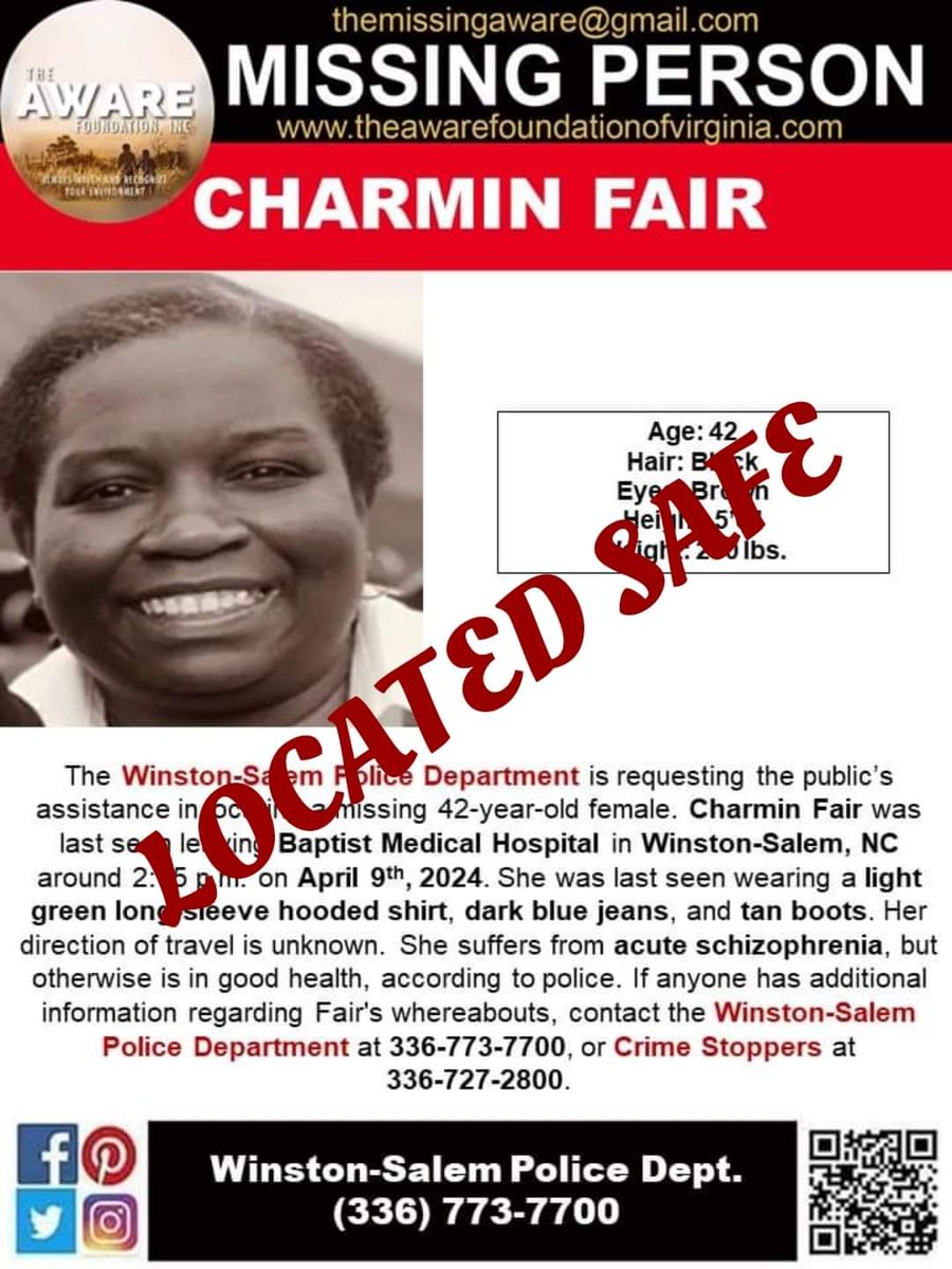 UPDATE: Charmin was located and is SAFE. She was taken to a hospital for evaluation.  Thanks again for your help. #TheAWAREFoundation