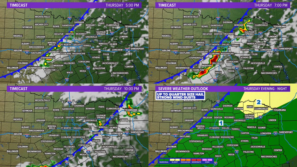 THURSDAY: Most of the day will be rain-free, but as a front moves in scattered t-storms are possible along it. Not everyone will see rain and the severe threat is low, but not zero. Can't rule out some storms with severe hail and strong wind gusts Thursday evening-night.