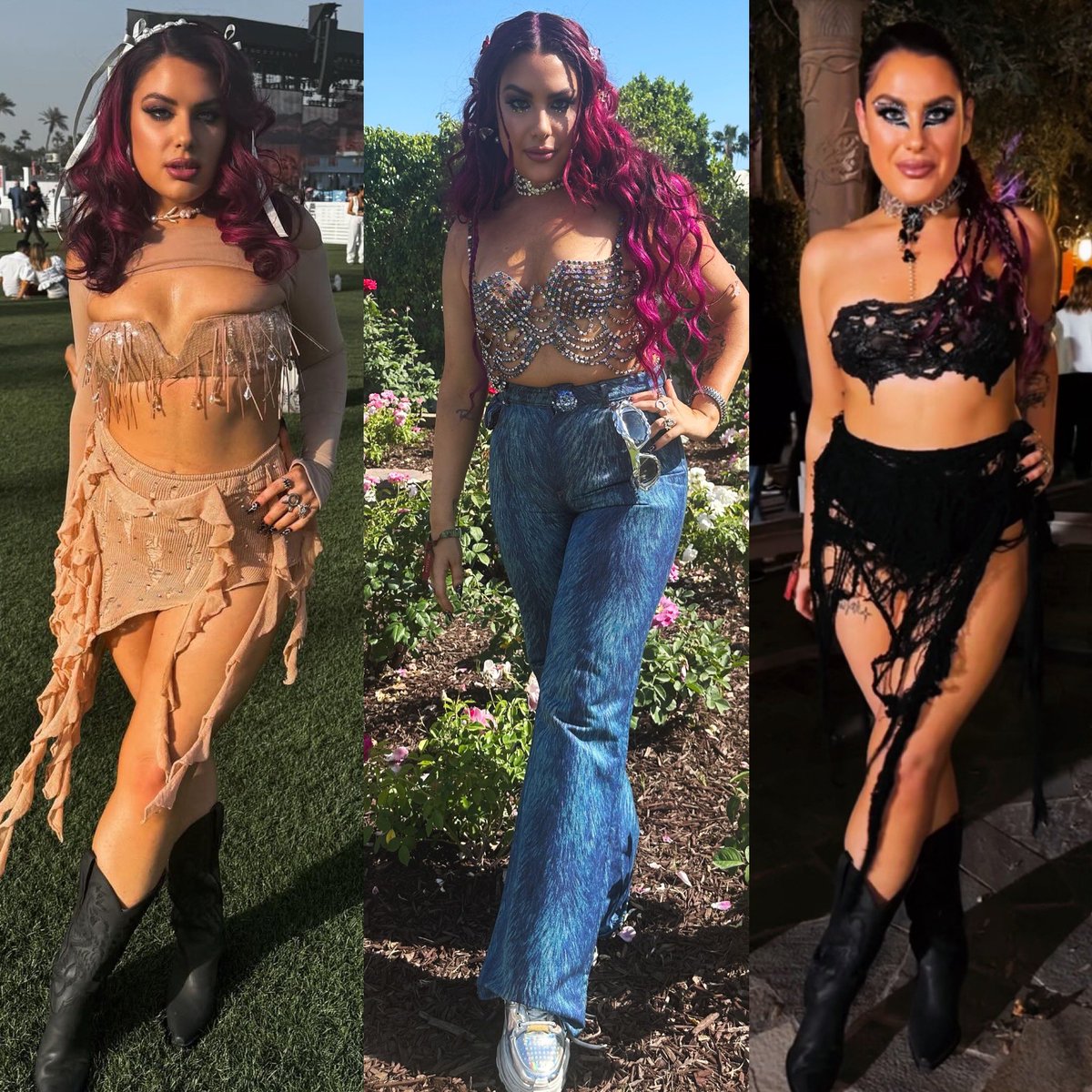 which #coachella fit was your fav? 🎡 

1. coquette 
2. Y2K 
3. Goth rave girl