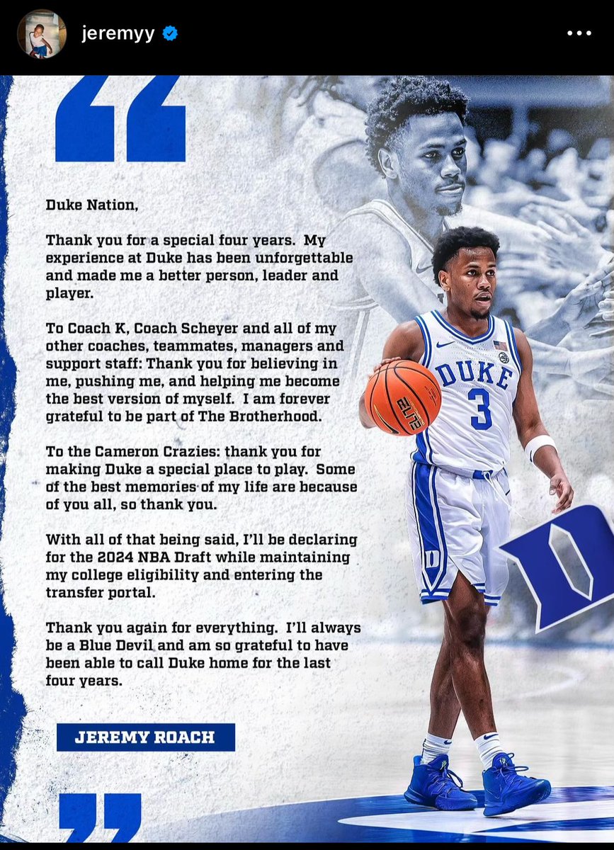 NEWS: Duke point guard Jeremy Roach will enter the transfer portal and the NBA draft, he announced.