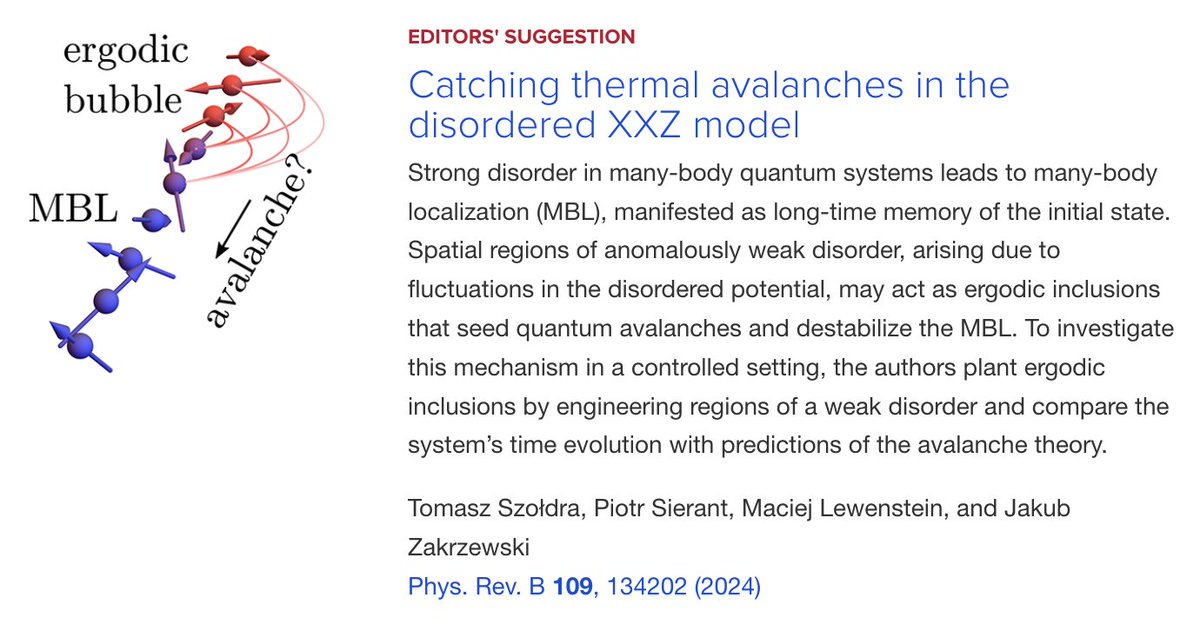 PhysRevB's tweet photo. PRB Editors' Suggestion: Catching #ThermalAvalanches in the disordered #XXZmodel
Tomasz Szołdra, Piotr Sierant, Maciej Lewenstein, and Jakub Zakrzewski
Phys. Rev. B 109, 134202
➡️ https://t.co/Z7uSs9QoG0
#EdSugg #physics #condmat @APSPhysics @ICFOnians https://t.co/EfXz8iztyX