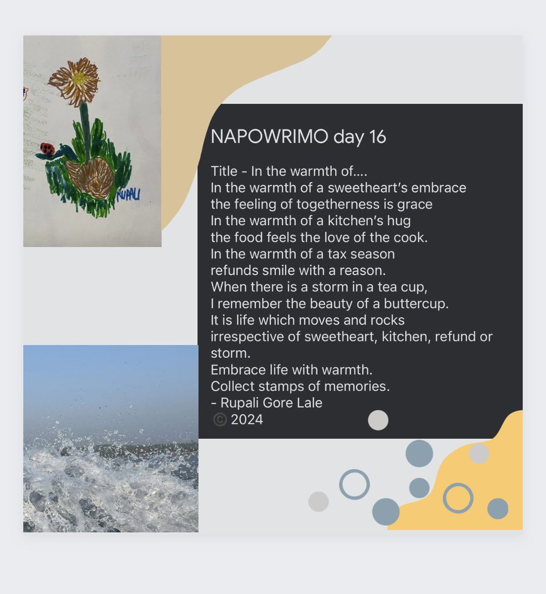 RupaliLale's tweet photo. 2 poems for #NaPoWriMo #glopowrimo 
Title - Reality is an immersion 
and 
Title - In the warmth of…. 

#writing #30dayschallenge #30daysofpoetry #poem #poetry https://t.co/nqv9F8P8Ls