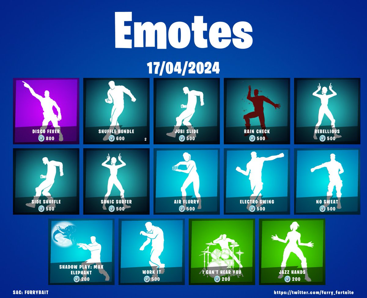 Here's the furry cosmetics, their accesories and the emotes that are available today on the Item shop! 

Use code FURRYBAIT in the Item Shop to support us! 
#EpicPartner #FurryFortnite