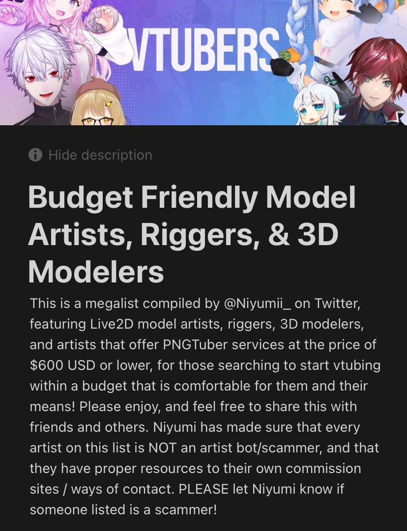 I've been working on and off on creating a Notion page that list VTuber services (2D, 3D, PNG) at the price of $600USD or cheaper 🩶
 It will be updated as people change their prices, and as I find more of those that offer these budget friendly services. Link will be below !