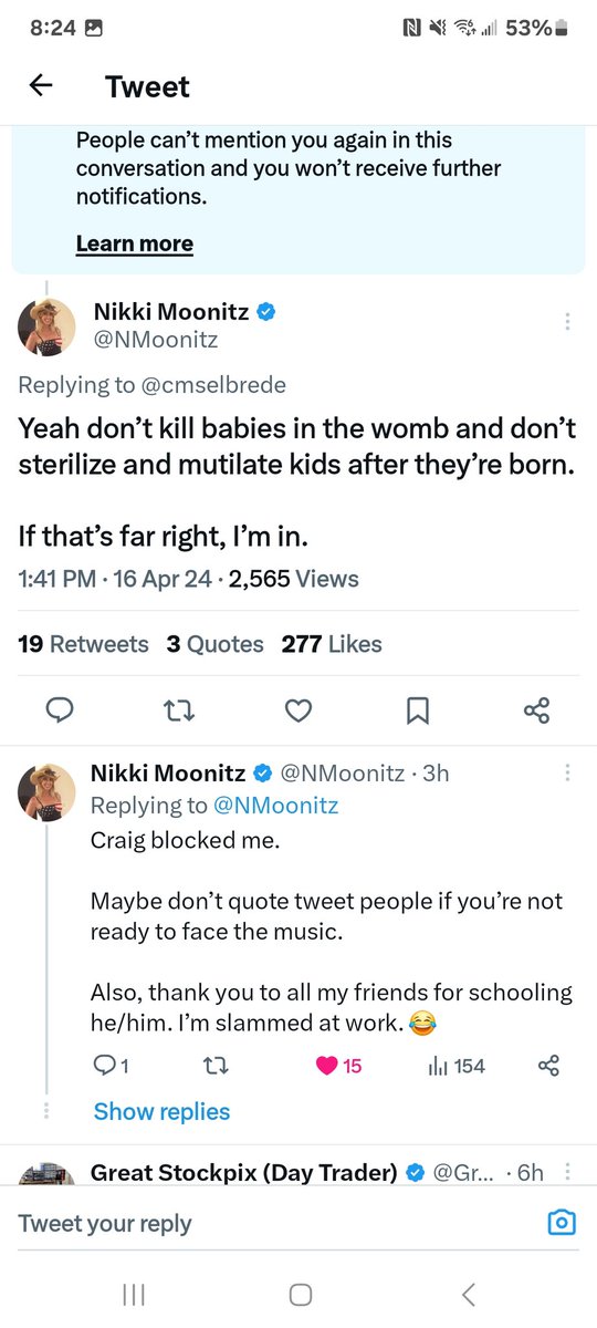 cmselbrede's tweet photo. Hi Nikki! As soon as you responded to me, you retweeted your outlandish claims and sicced your thousand of followers on me.

It's clear what you think: That criticism is not welcome for those with large followings. If you were so certain I was wrong you easily could've ignored me https://t.co/SGjkBaNZYJ