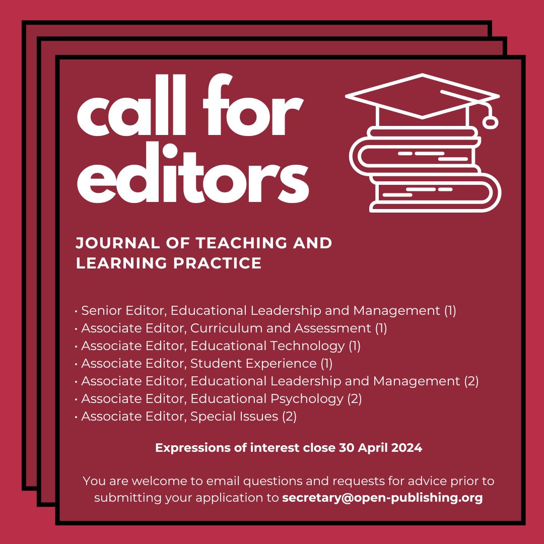 The Journal of University Teaching and Learning Practice is seeking expressions of interest for a series of Senior and Associate Editors for three-year terms. Go to open-publishing.org/journals/index… for more details.