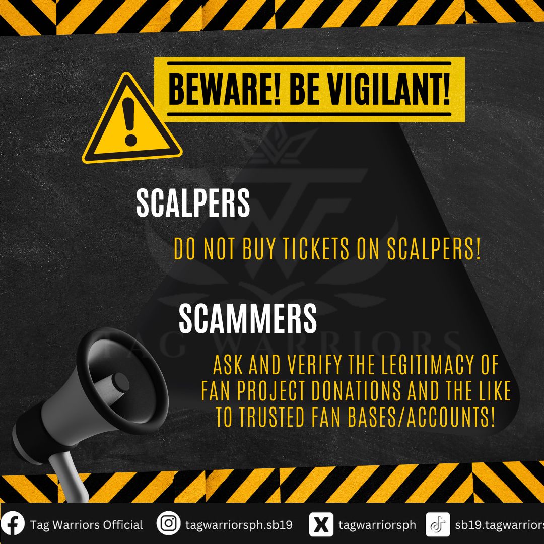 ⚠️BE AWARE AND BEWARE!⚠️ Hello A’TIN! We know that everyone is excited for the PAGTATAG Finale concert and we cannot deny the fact that SCAMMERS and SCALPERS exist! 😕 So this is a friendly reminder to please be EXTRA CAREFUL and STAY VIGILANT! 👀 @SB19Official #SB19