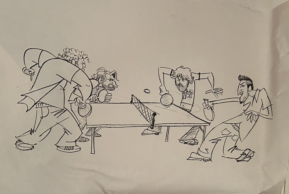 OLD CN MEMORIES: so if you went up the graffiti stairwell at CN to the roof, there used to be a pingpong table. here's a drawing by Paul Rudish (Mickey Mouse shorts) of me, Mike Stern, Charlie Bean and Aaron Springer in the heat of battle...