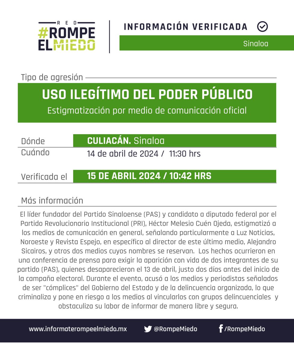 Desde la Red #RompeElMiedo, <a href="/IniSinaloa/">Iniciativa Sinaloa</a> y @article19mex, exigimos al <a href="/InstitutodePro/">Instituto de Protección Sinaloa</a> que otorgue protección inmediata a los medios de comunicación y periodistas que han sido objeto de mensajes estigmatizantes, garantizando así su seguridad y libertad para informar.