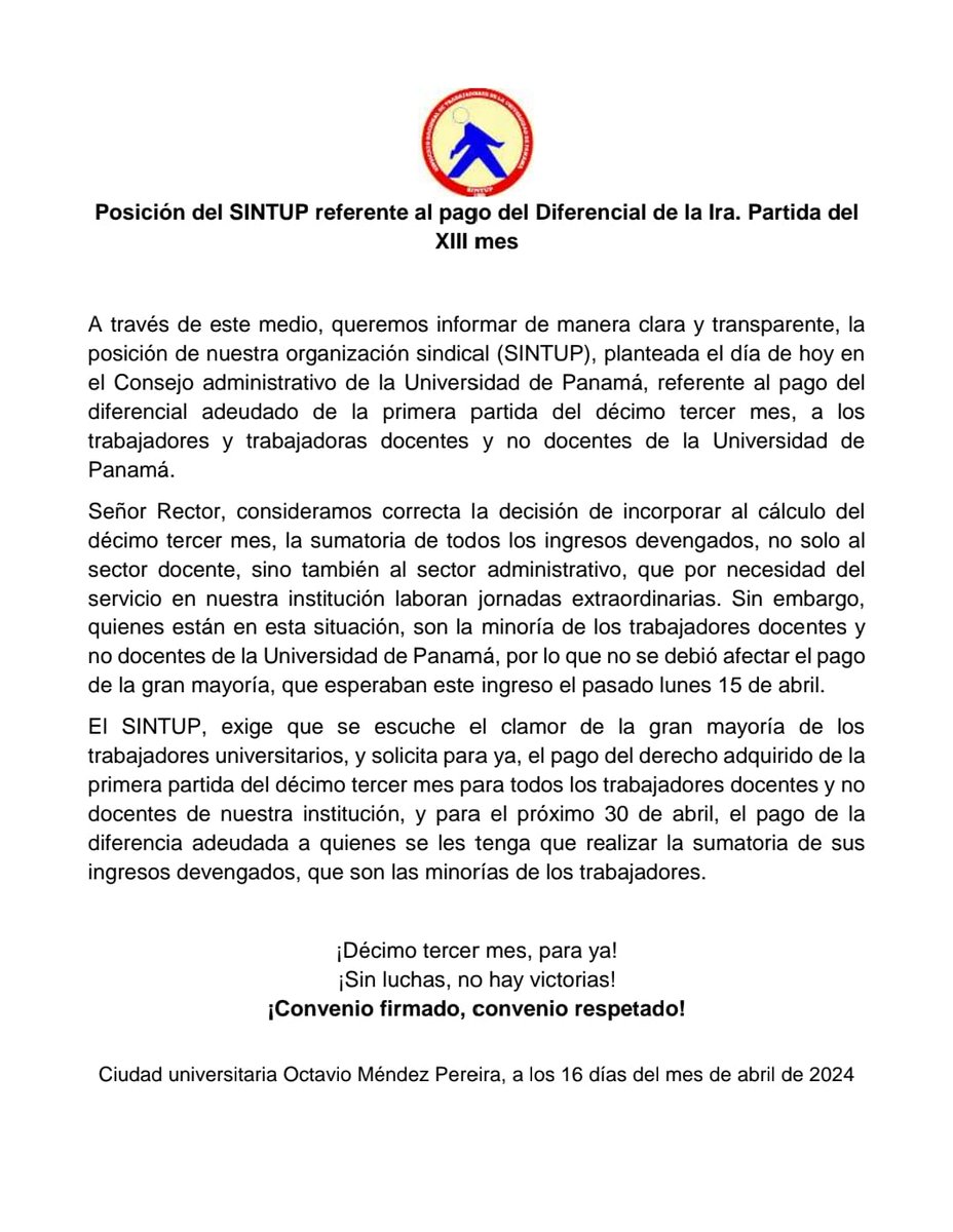sintupup's tweet photo. Posición del SINTUP referente al pago del diferencial de la Ira. Partida del XIII mes https://t.co/2ZRx2ifVJl