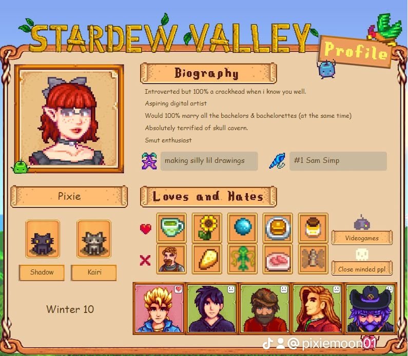 Pixiemoon_01's tweet photo. I've been absolutely obsessed with stardew lately so i had to jump on this trend hehe 🌱
I wanna see yalls profile 💚
#StardewValley #stardewvalleyprofile https://t.co/xKJzQThlpY