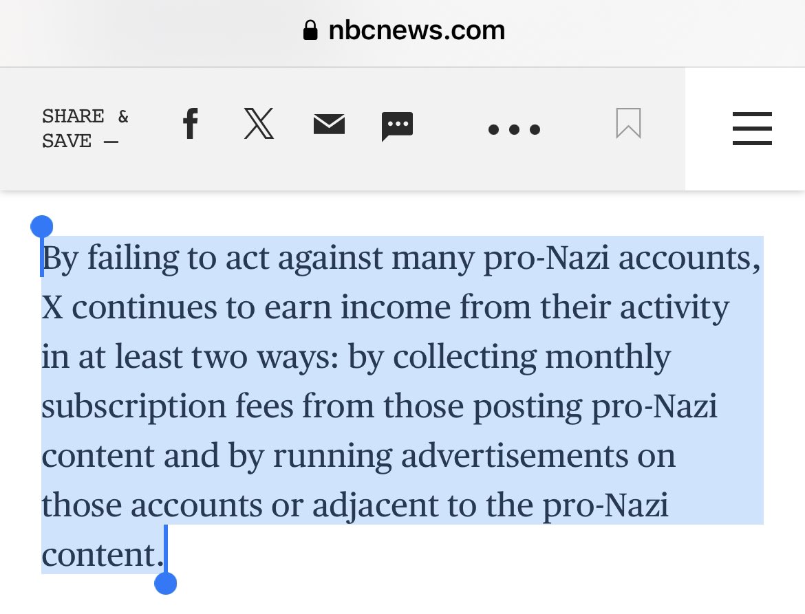 @GraemeEdgeler @whstancil @David_Ingram Advertisers on X don’t want their ad dollars to pay for blue check Nazi content. And X is brand poison for advertisers. 

#Advertising #BrandSafety