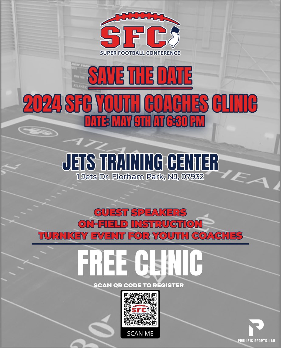 🚨Mark your calendars🚨 The SFC Youth Football Clinic is taking place May 9th at 6:30 pm at the Jets Training Facility! Do not miss one of the best coaching and instruction events of the year. Scan the QR code to register! #SFC