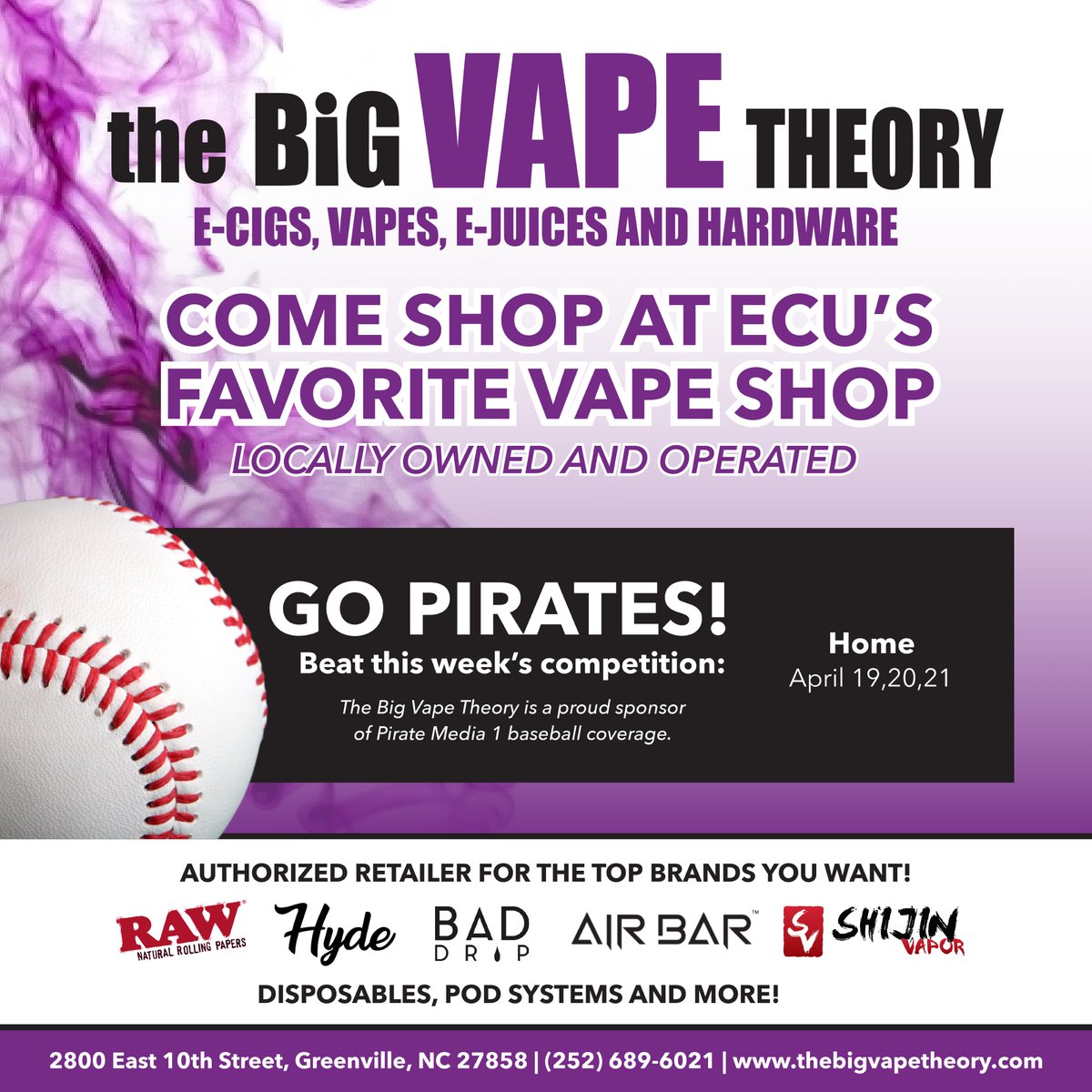 AD: The Big Vape Theory is a proud sponsor of Pirate Media 1 baseball coverage. Visit thebigvapetheory.com to view our selection of products.