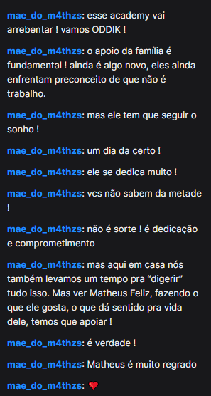 A melhor parte de transmitir campeonatos é essa: A família dos jogadores que sempre estão no chat apoiando e lutando junto! Pra cima @m4thzs 💚💛