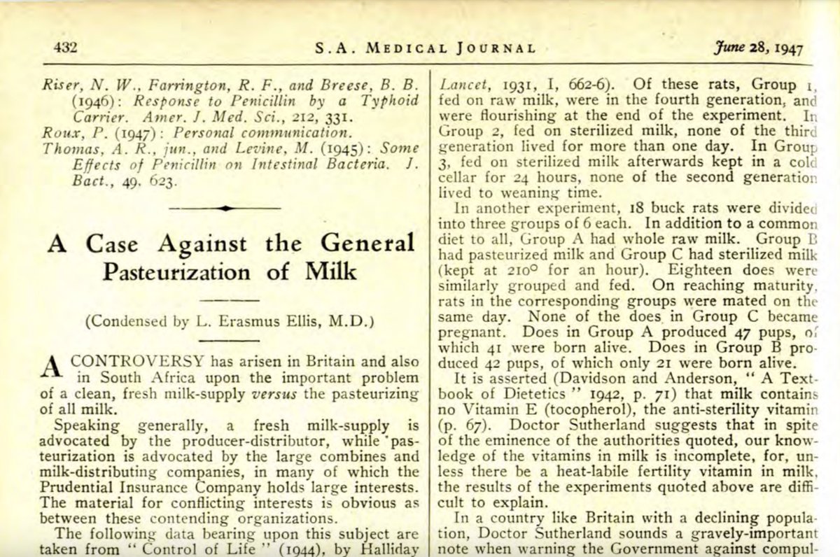 Fascinating document from 1947 about milk. Some brief excerpts that stood out to me: - 'A fresh milk-supply is advocated by the producer-distributor, while ' pas- teurization is advocated by the large combines and milk-distributing companies, in many of which the Prudential