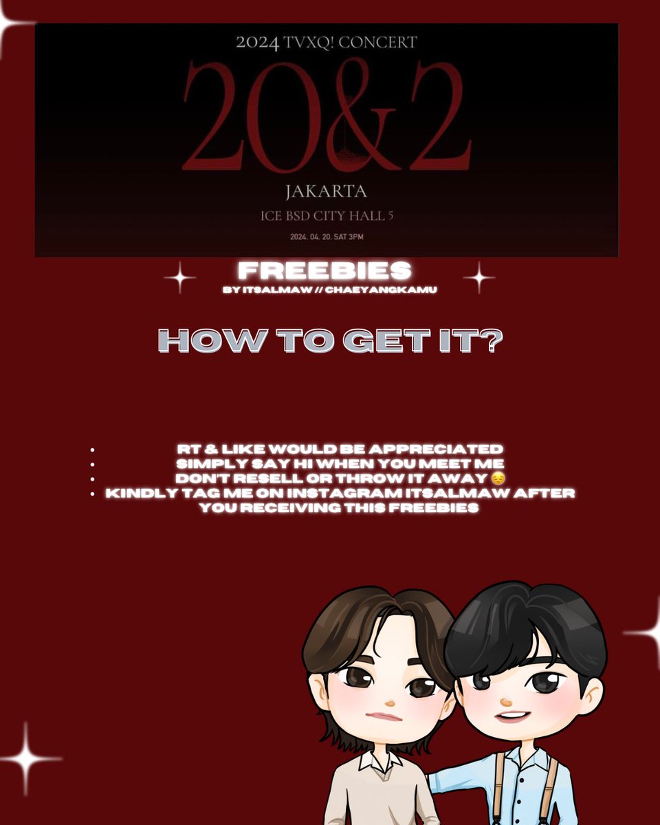 Hiiiiiiii! ❤️

Since my hubby approved me to attend TVXQ! Concert 20&2 in Jakarta so I made this ✨Freebies✨ for cassies who attend the concert.

RT & Like would be appreciated ~

Details on these pictures ❤️❤️

#TVXQ #TVXQinJakarta