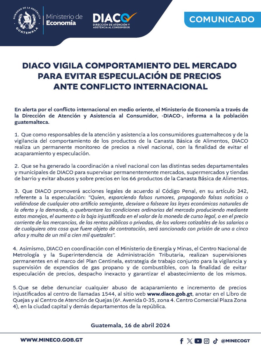 #Comunicado | @diaco_gt vigila comportamiento del mercado para evitar especulaciones de precios ante conflicto internacional. #GuatemalaAvanza 🇬🇹