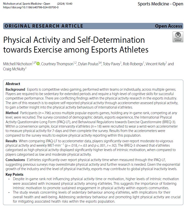 Study 1 from my PhD has now been officially published at <a href="/SportsMedicineJ/">Sports Medicine</a> . 🙌 

"Physical Activity and Self-Determination towards Exercise among Esports Athletes" 

Check out the full-text through the following link: doi.org/10.1186/s40798…