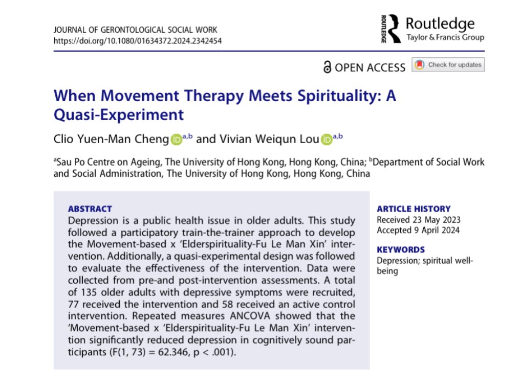 👯‍♀️🧘‍♀️  Our latest research paper (led by Prof. Vivian Lou), 'When Movement Therapy Meets Spirituality: A Quasi-Experiment,' has just been published! 📚

🔗 Read the full paper here: dx.doi.org/10.1080/016343…

#ResearchPublication #MovementTherapy #Spirituality #Wellbeing #MovES