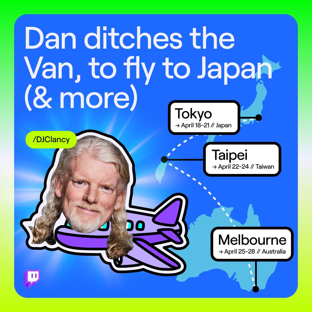 Twitch (@twitch) on Twitter photo Remember Dan in the Van? Well now he’s gonna be in Japan… and Taiwan, and Australia!
First stop, Tokyo!
Tune in when it all begins Thursday, April 18 @ 6:30pm JST / 2:30am PDT for some nighttime sightseeing featuring <a href="/robcdee_/">rob dee</a> on twitch.tv/djclancy Remember Dan in the Van? Well now he’s gonna be in Japan… and Taiwan, and Australia!
First stop, Tokyo!
Tune in when it all begins Thursday, April 18 @ 6:30pm JST / 2:30am PDT for some nighttime sightseeing featuring <a href="/robcdee_/">rob dee</a> on twitch.tv/djclancy
