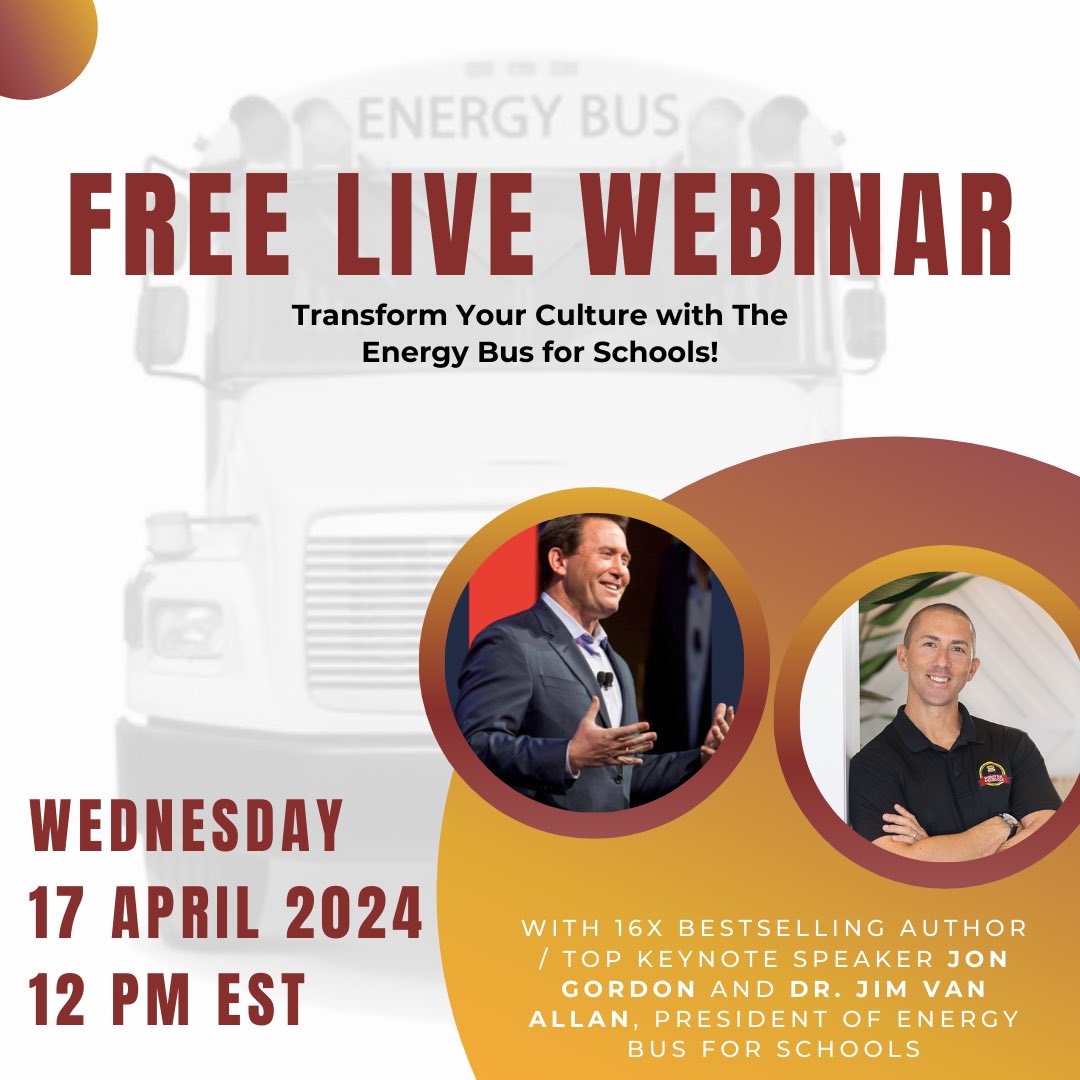 Spots are filling up FAST! Sign up and join the FREE webinar hosted by @JonGordon11 and @JimVanAllan to learn all about our tools to build a positive school culture. Sign up at energybusforschools.com/webinar 🚌 • • • #EBSCertified #EBSConference24 #EnergyBus #EnergyBusSchools