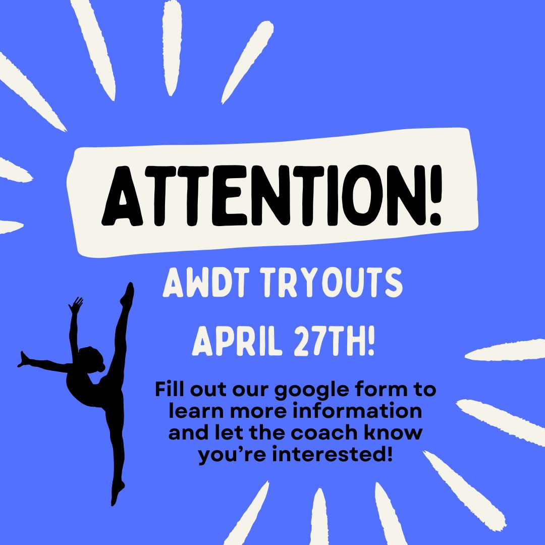 AWHS_DanceTeam's tweet photo. 💙🤍ATTENTION GENERALS!!!🤍💙
Dance Team tryouts are rapidly approaching!! We would love to see you there on the 27th!! 

GOOGLE FORM⬇️
https://t.co/8OQkkNiBXm https://t.co/kGbD0pndtr